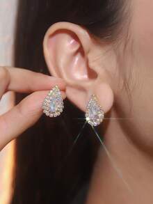 復古淚滴水晶水鑽耳環釘狀首飾適合女士1對 - 銀色 - 查看 11