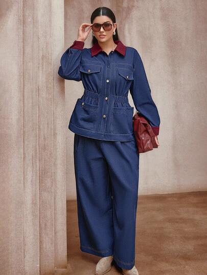 Sollinarry 2件套加大码女式牛仔撞色纽扣前腰口袋装饰外套上衣和裤子套装，秋冬款