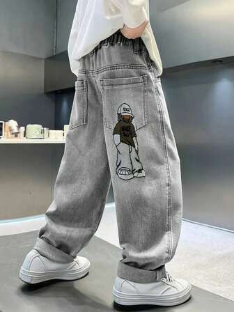 Casual Street Style Tween Boys Mode Tecknade Broderade Jeans
