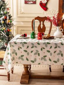 1pc Merry Christmas Rectangular Tablecloth, Green Pine Leaf & Pine Cone Print Pattern, Bamboo Texture, Washable, Suitable For Dining Table, Coffee Table, Nightstand, Cabinet Cover, Home Kitchen, Party, Christmas Decor, Holiday Gift, New Year Decoration - Green - View 13