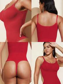 1pc Women Seamless Shaping Bodysuit With Thong Bottom, Slimming Bodyshaper Tummy Control Flat Belly Sheath Jumpsuit Shapewear Waist Trainer Shaper - 紅色 - 查看 4