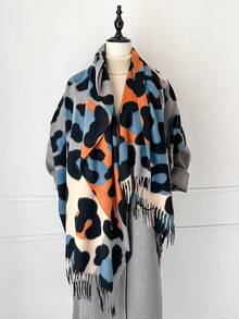 1 pieza Nuevo estilo de imitación de cachemira Chal grande con estampado de leopardo colorido y cálido, chal/manta versátil y de moda con flecos cortos para mujer, perfecto para viajar, fiestas, salas con aire acondicionado y regalo familiar para vestir en otoño e invierno - Estampado de leopardo colorido - Ver 6