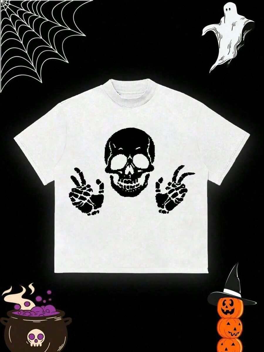 Halloween Series (180 Cotton T-Shirt) Human Skeleton, Print Men's Summer Round Neck Short Sleeved Casual Cotton Print-Unisex Vintage Cotton Tee Black White - Loose Fit For American Music Festival Camping & Shows Durable Cotton Unisex Black Retro T-Shirt For Daily Wear - White - View 1