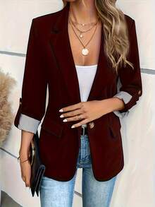 Roll Tab Sleeve Single Button Blazer Office Attire For Women Business Casual Woman Women's Casual Blazers Open Front Long Sleeve Work Office Suit Jackets Blazer Business Casual Outfits