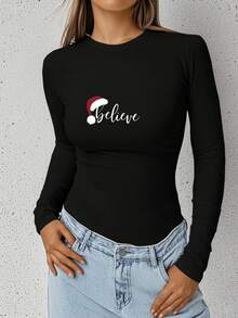 1pc Believe Letter Christmas Hat Graphic Print Women's Round Neck Long Sleeve Slim Fit T-Shirt, Soft Stretchy Fabric Elegant Versatile Top, Vintage Y2K Fashion, Cozy Fall & Back To School Layering Top, Ideal For Holiday Party & Daily Wear - 黑色 - 查看 1