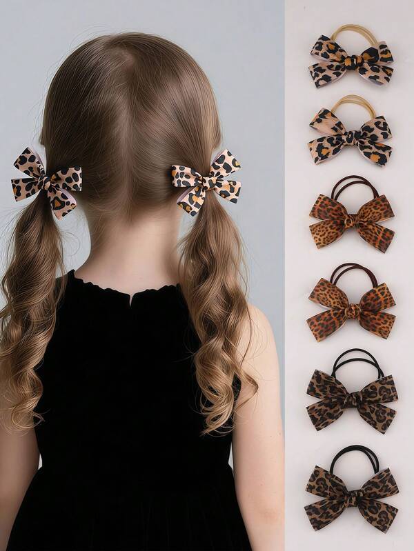 2pcs/6pcs Girls Leopard Print Ribbed Bow Hair Scrunchies Hair Accessories Set, Suitable For Daily Decoration