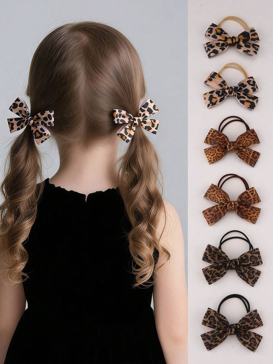 2pcs/6pcs Girls Leopard Print Ribbed Bow Hair Scrunchies Hair Accessories Set, Suitable For Daily Decoration - Multicolor - View 1