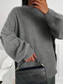 Plus SizeWomen's Autumn And Plus Size Winter Fashion Casual Plus Size Solid Color Round Neck Drop Shoulder Long Sleeve Sweater Pullover