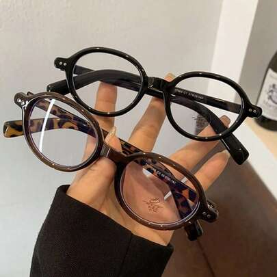 1Pc Retro Oval Leopard Print Design Decorative Glasses For Women Color Blocked Light Glasses Fashion Frame Glasses Daily Use