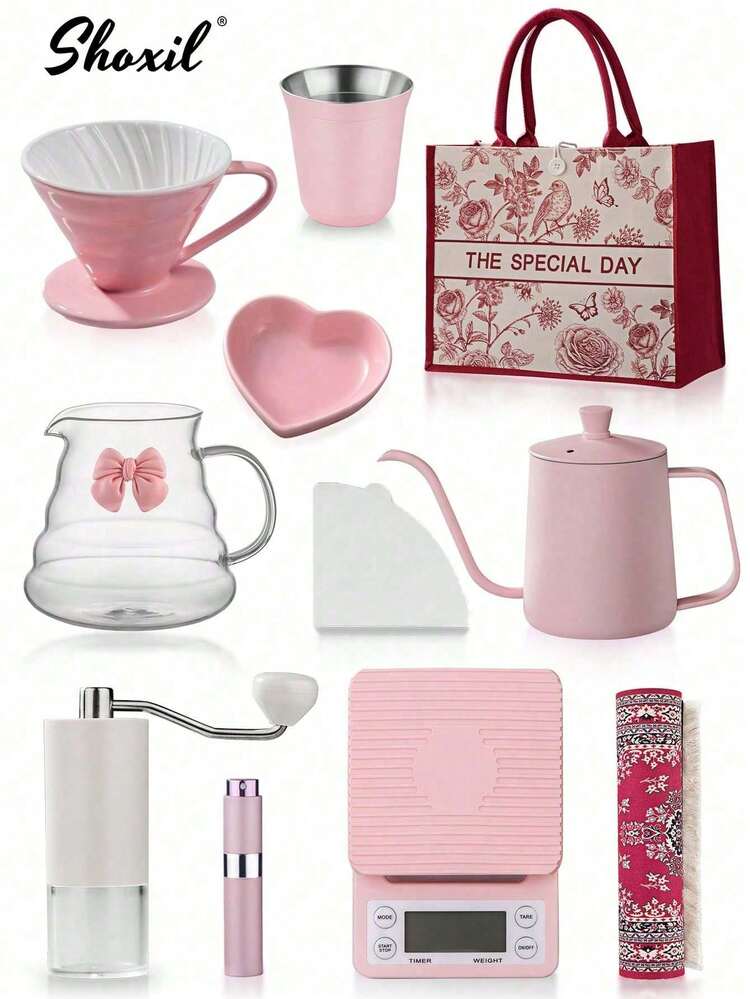 shoxil 1 件粉色咖啡礼盒 - 全套手冲咖啡套装（01 和 02 号）适合情人节和节假日 | 便携式旅行友好型设计，适合女士、情侣和咖啡爱好者的特别礼物 - 粉紅色套裝 - 查看 1