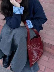 韩国复古小众设计印花腋下单肩包百搭时尚红色方形包包通勤出游日常购物 - 酒紅色 - 查看 3