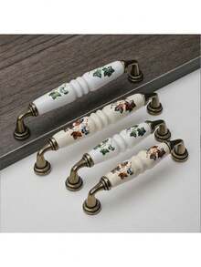 4/6pcs Rustic Ceramic Cabinet Handle With Green And Brown Floral Pattern-Antique Bronze Finish, Country Style Cabinet Door And Drawer Furniture Knob