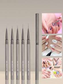 Bộ 5 cọ vẽ móng, bút vẽ hoa văn, sọc, kích thước 6/9/12/15/18mm, cán kim loại, có nắp đậy. - Nhiều màu - Xem 3