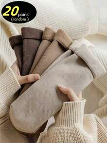 20 Pairs Of Women's Earth Color Snow Socks, Autumn And Winter Vertical Mid-Tube Socks, Fluffy Socks, And Warm Floor Socks With Wool Thickening, Suitable For Everyday Wear And Various Occasions,Random Color