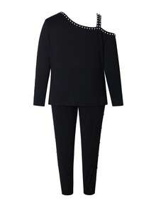 加大码露肩串珠修身上衣和长裤两件套，黑色，春季优雅款 - 黑色 - 查看 3