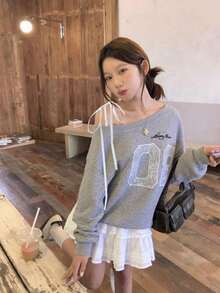 女式休闲字母印花不对称露肩长袖针织运动衫，秋季运动装 - 灰色 - 查看 5