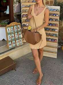 女士休闲无袖纯色轻薄度假罩衫迷你连衣裙，夏季沙滩 - 杏色 - 查看 4