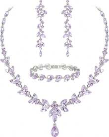 Bridal Fashion Jewelry Set - Light Purple Silver Tone - View 8