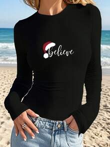 1pc Believe Letter Christmas Hat Graphic Print Women's Round Neck Long Sleeve Slim Fit T-Shirt, Soft Stretchy Fabric Elegant Versatile Top, Vintage Y2K Fashion, Cozy Fall & Back To School Layering Top, Ideal For Holiday Party & Daily Wear - 黑色 - 查看 3