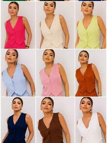Plain Tailored Vest - The Sophisticated Choice For Work And Everyday Wear - 棕色 - 查看 2
