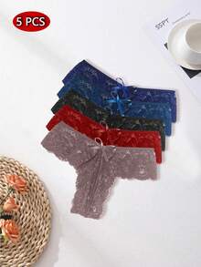 SOFUSEN 5pcs/Set Sexy Lace Bow Lingerie Set, Cute & Playful, Women's Romantic Underwear Set, Sexy Sleepwear - 5 Pcs - View 3