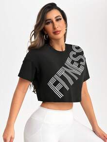 SHEIN Sports Camiseta deportiva ajustada con estampado de letras y teñido anudado - Negro - Ver 1