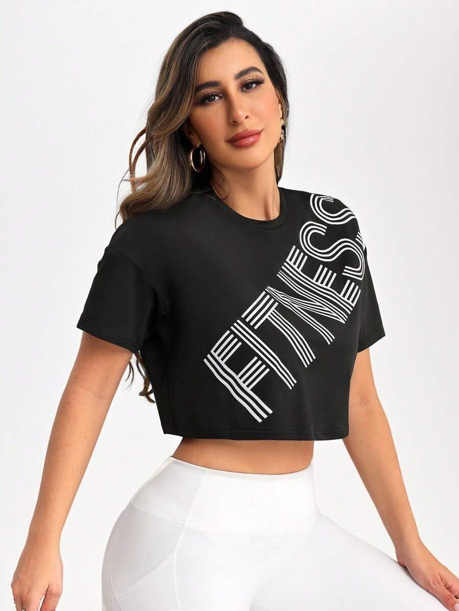 SHEIN Sports Camiseta deportiva ajustada con estampado de letras y teñido anudado - Negro - Ver 1