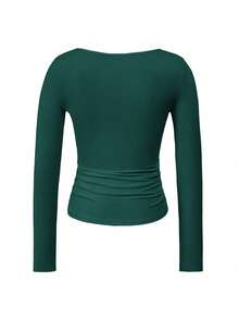 Vaiaye 女士春夏 Y2K 方领长袖修身 T 恤，纯色性感上衣，适合情人节休闲穿着 - 墨綠色 - 查看 4