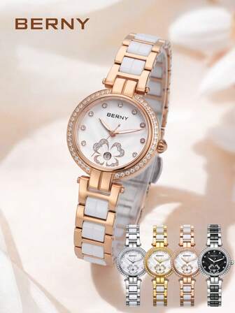 BERNY Women's Stainless Steel & Ceramic Interwoven Band Fashionable Elegant Quartz Watch-60 Zirconia-Embellished,Sapphire-Coated Glass,Date Window,30M Water-Resistant For Daily Styling & Casual Accessory