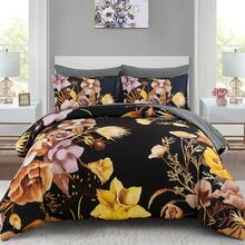 7 Pieces Purple Floral Comforter Sets Full Queen King Bed In A Bag,Elegant Flower Comforter With Sheet Set, Soft Microfiber Bedding Set For Wedding Items,Valentines Day Home Bed Room Decor,Mothers Day Gift,All Season - 金色和黑色 - 查看 12