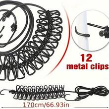 Adjustable Elastic Portable Travel Clothesline - 12 Clips, Extendable Indoor/Outdoor Drying System Ideal For Camping, Backpacking, Laundry Rooms, Balconies, And Travel, Lightweight Yet , Quick-Tension Filament Cord With Flexible Support Arms, Space-Saving Portable Clothesline For Quick Air Dry, Weather-Resistant, Easy Setup And Tidy Drying Solution Suitable For Dorms, Hotels, Gyms, Patios, And Laundry Room Organization; Provides Adjustable Height And Multi-Line Options; Flexible, Corrosion-Resistant Cords; Quick Cleanup And Reuse; Ideal For Small Spaces And Travel-Friendly Packability - Multicolor - View 4