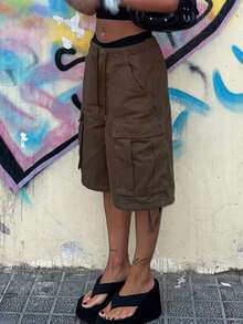 Women Y2k Drawstring Cargo Shorts Baggy Denim Shorts Summer Fashionable Wide Leg Knee Length Jean Shorts With Pocket Streetwear - màu nâu - Xem 2