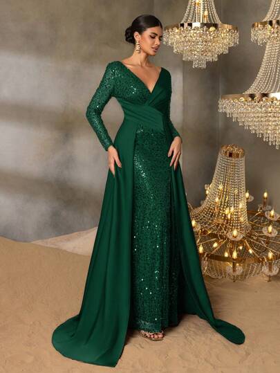 Faeriesty Elegant Women's Deep V-Neck Formal Evening Dress, High Slit Design, A-Line Skirt, Fitted Silhouette, Suitable For Black Tie Dinners, Red Carpet Events, Opera Nights, Awards Ceremonies, Charity Galas And More