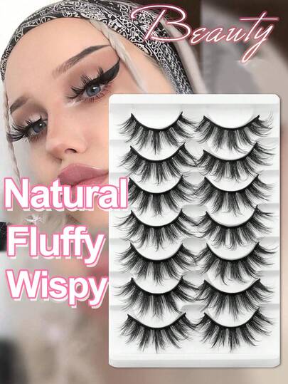 Waloshow 7对自然妆效假睫毛，蓬松柔软，打造浓密3D水貂毛睫毛，多层睫毛膏效果，短而浓密，纤长浓密，黑色纤长，3D水貂毛睫毛，轻盈纤长，短而浓密纤长，适合婚礼、派对和其他场合的妆容。