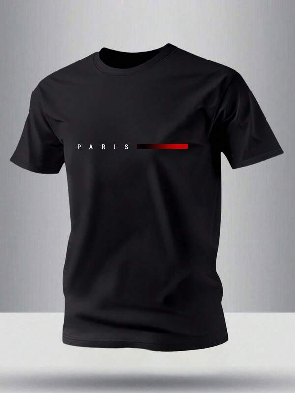 Men's Regular Fit Short Sleeve Paris Letter Print Round Neck T-Shirt, Casual Sports Outdoor Wear, Suitable For Running, Golf, Fishing, Basketball, Camping, Gym, Swimming And Beach, Great Gift For Husband Or Boyfriend