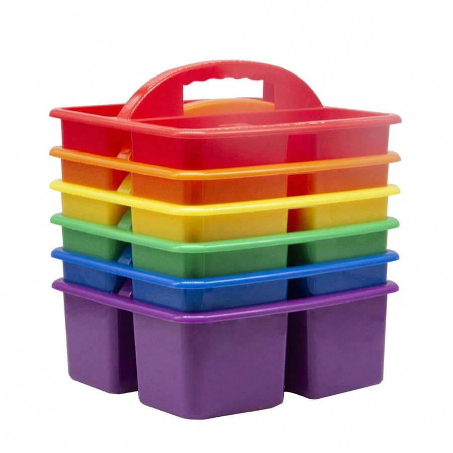 Colorful Assorted Set Of 6 Bin Baskets Stackable Plastic Classroom And Utility Caddy Organizer With Handles And 3 Compartments - Set Of 6 - View 1