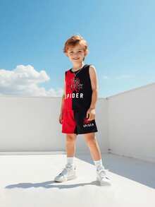 2 件套幼儿男童时尚休闲户外运动蜘蛛图案圆领无袖 T 恤和短裤套装，夏季 - 彩色 - 查看 2