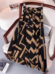 Keke Bloomly 圣诞新款时尚简约几何图案蝴蝶结长裙，束腰百搭女士派对装 - 棕色 - 查看 5