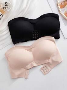 QMHWYA 2 Piezas de Sujetadores Bandeau Sin Tirantes y sin Aros para Mujer - Cobertura Completa & Levantamiento, Negro + Beige, Confortables Para Uso Diario o Ocasiones Especiales, Lavado a Mano No Forrados Diseño Minimalista Versátil Ideal con Capas Se Adapta Hasta Grandes Volúmenes Pecho Elegante Y Acogedor Estilo Moderno Invisible Perfectos Casual u Formal, Sostenes para Mujeres,Sujetador Push Up con Doble Acolchado,Sujetador para Mujer de Alta Calidad,Sujetador Push Up - Negro + color de piel - Ver 8