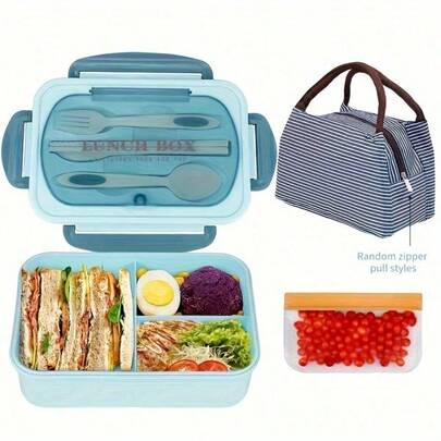1 Set Organized Lunch Box System - Includes Container + Utensils (Knife/Fork/Chopsticks) + Insulated Bag + Snack Bag + Rice Spoon, 1200ml/40.58oz For Office & School