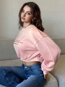 Livesso 女式羊毛超大刺绣短款卫衣，秋季服装 - 灰色 - 查看 2