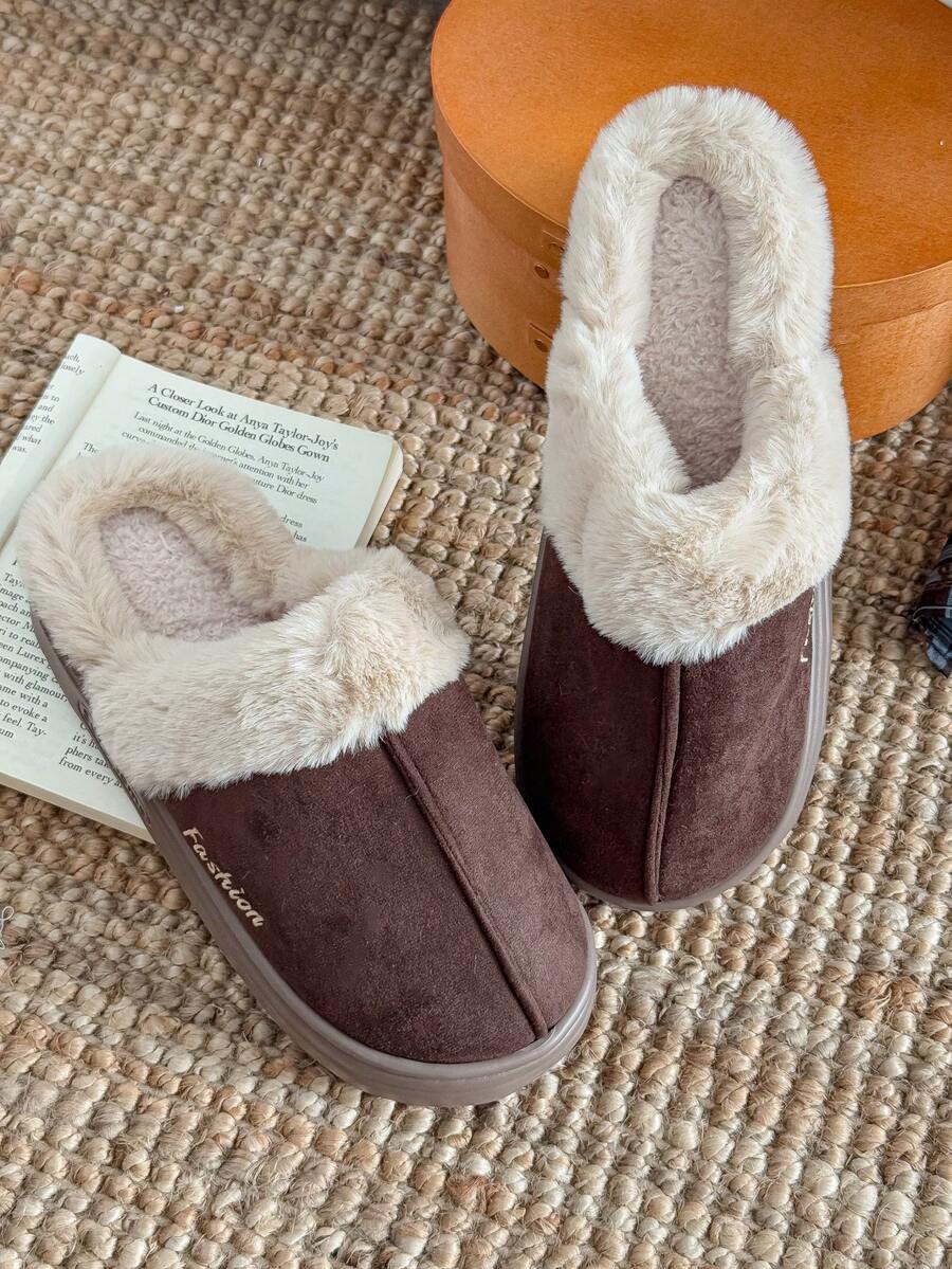 Damskie, jednokolorowe, swobodne, pluszowe kapcie wsuwane z futerkowym wykończeniem, wygodne, domowe ubranie na jesień/zimę