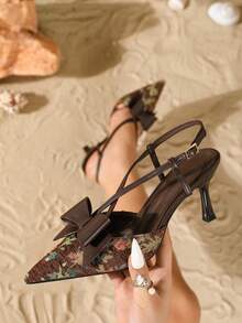 Giày cao gót mũi nhọn thanh lịch 7,5cm có quai ở mắt cá chân, thiết kế nơ thêu, thích hợp để mặc hàng ngày/dự tiệc, màu nâu, thanh lịch, giày cao gót kitten heel - màu nâu - Xem 1