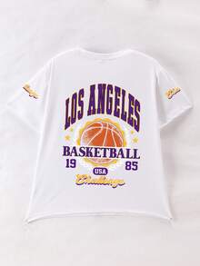 Tween Boy Cartoon Basketball And Letter Print Crew Neck T-Shirts Summer Boy's Csual Tee Soft Tops,1pc Boys Crew Neck Oversize T-Shirt, Retro Los Angeles Basketball Graphic Print, Soft & Cozy Fabricideal For Daily Play, Casual Outings, And Sporty Spring/Summer Gatherings.