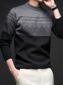 Jersey de cuello redondo grueso para hombre, suéter de punto jacquard de estilo casual de negocios de manga larga, adecuado para usar en capas o como prenda exterior, con estampado de cuadros y rayas, para otoño/invierno