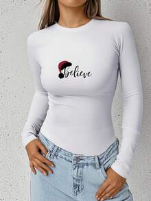 1pc Believe Letter Christmas Hat Graphic Print Women's Round Neck Long Sleeve Slim Fit T-Shirt, Soft Stretchy Fabric Elegant Versatile Top, Vintage Y2K Fashion, Cozy Fall & Back To School Layering Top, Ideal For Holiday Party & Daily Wear - 白色 - 查看 1