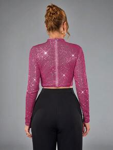CHOSMO Áo corset đính hạt màu trơn bóng thanh lịch, thích hợp cho tiệc tùng, sinh nhật, kỷ niệm, tốt nghiệp, dạ hội, dạ hội nữ - Màu Hồng Tươi - Xem 3