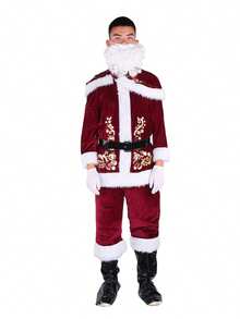 Santa Claus Costume Set Hat+Shawl+Top Shirt +Loose Pants+Shoes+Gloves+Waist Belt, Deluxe Velvet Santa Suit - Đỏ - Xem 2
