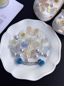 25pcs/Set Shiny Girl Style Hollow Out Clogs Charms Set - Butterfly, Flower & Pearl Decor, Hollow Out Clogs Accessories - Blue Butterfly Set-25pcs - View 2