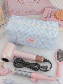 1 pieza Bolsa de almacenamiento acolchada para secador de pelo con estampado de cuadros/flores, con bolsillos interiores diseñados para sostener rizadores y otras herramientas para el cabello, gran capacidad, set organizador de viaje - Multicolor - Ver 15